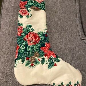 Vintage Floral Christmas Stocking Hand Quilted Poinsettias Pinecones Holly